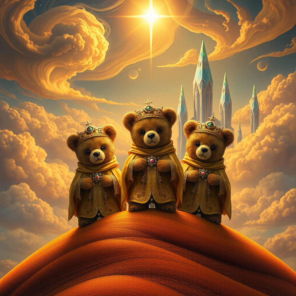 Teddy Bears as Three Kings in Dreamlike Landscape