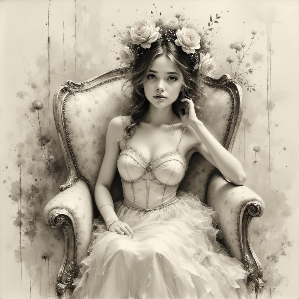 Surreal Pencil and Charcoal Portrait of a Woman in Armchair