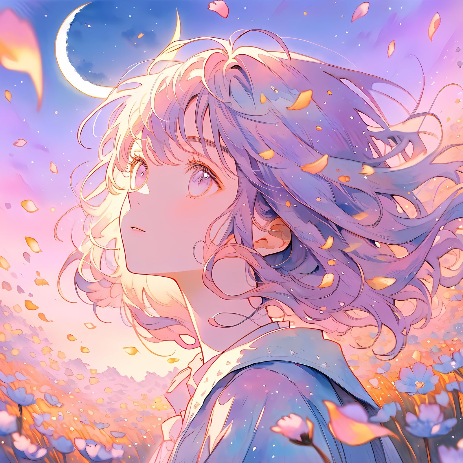 Anime Girl in Pastel Flower Field at Sunset