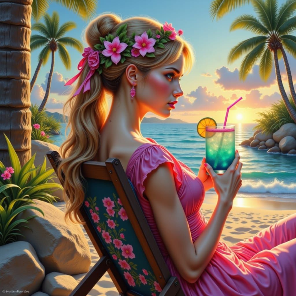 Woman Enjoys Tropical Cocktail on Beach