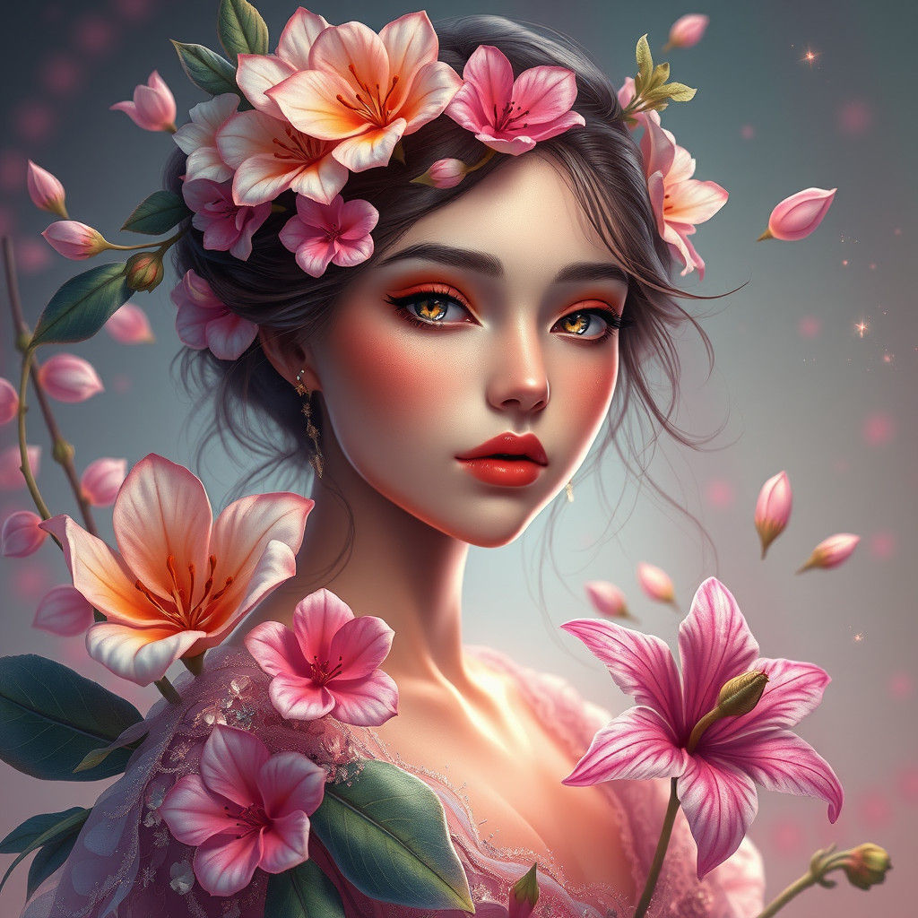 Enchanting Flower Girl Portrait in Art Nouveau Style