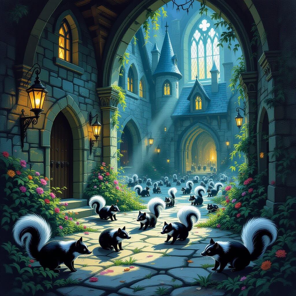 Skunk Invasion on Harry Potter Set as Oil Painting
