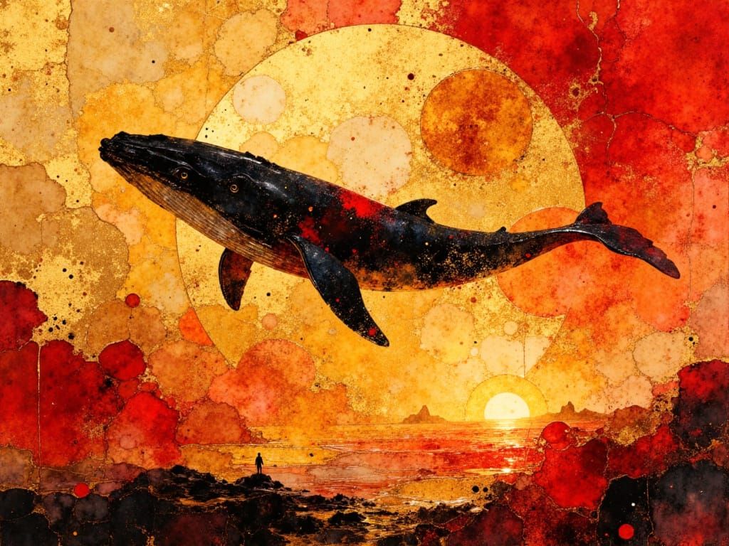 Crimson and Gold Oil Painting of a Flying Whale