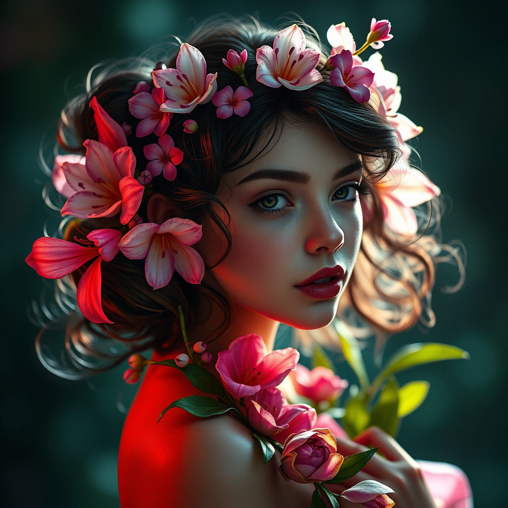 Fantasy Flower Girl Portrait in Art Nouveau Style