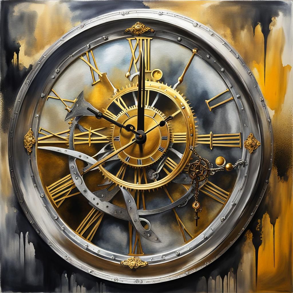 Surrealist Golden Clock on Silver Plate
