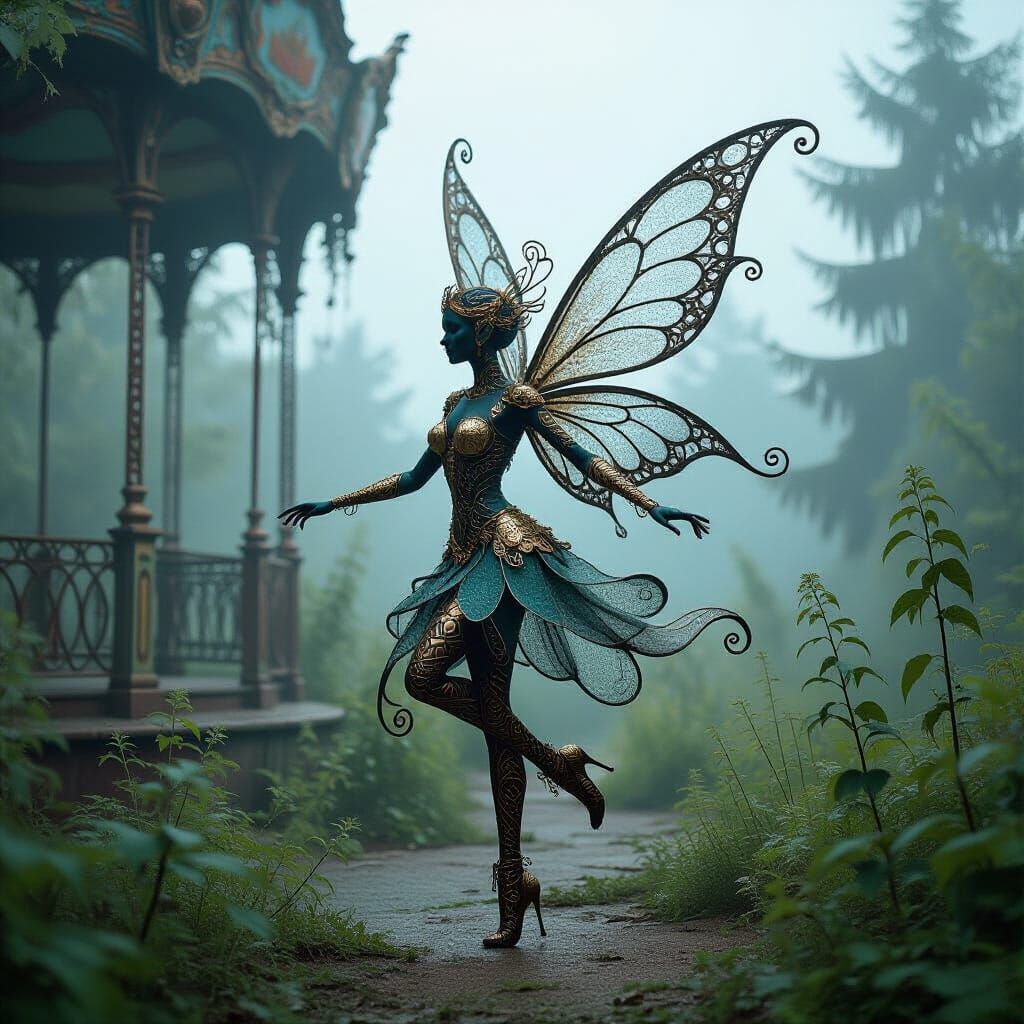 Wire Fairy Dances in Abandoned Park: Ethereal Art