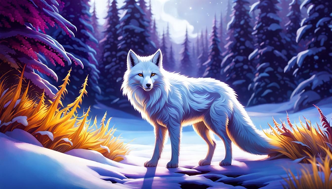 White Fox in Icy Wonderland, Hyperrealistic Dark Fantasy