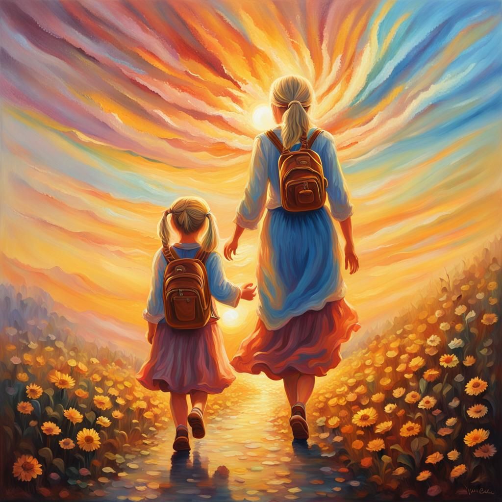 Ethereal Sunrise: Mother and Daughter in Fantasy Oil Paintin...