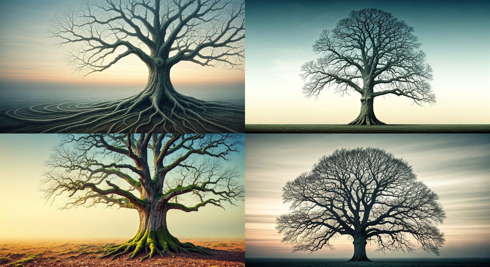 Surreal Landscape with Barren Oak Tree in Minimalistic Backg...