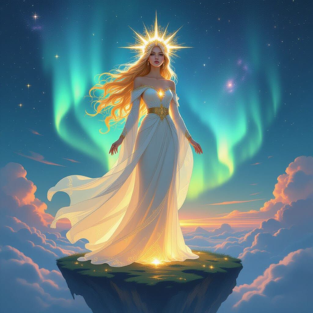 Celestial Sorceress in Art Nouveau Style with Aurora