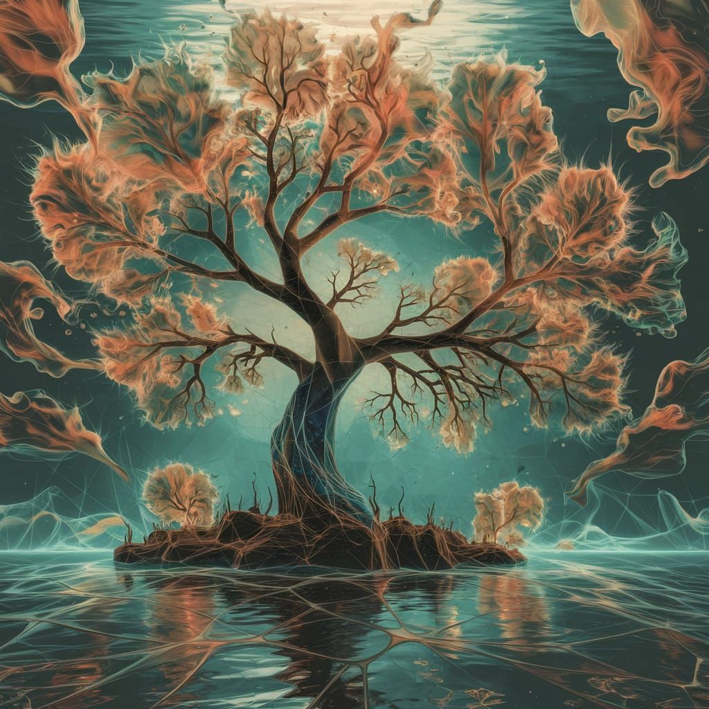 Underwater Glass Cherry Tree in Expressionist Style