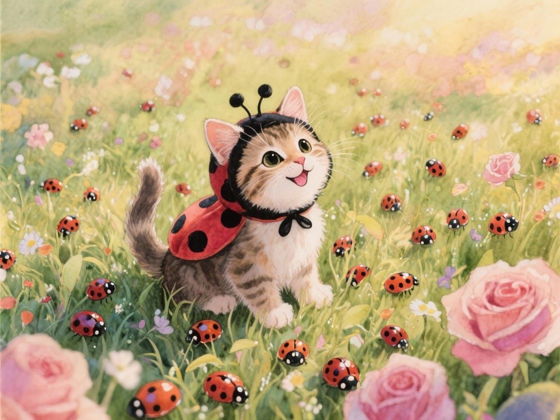 Adorable Kitten in Ladybug Costume in Dreamy Field