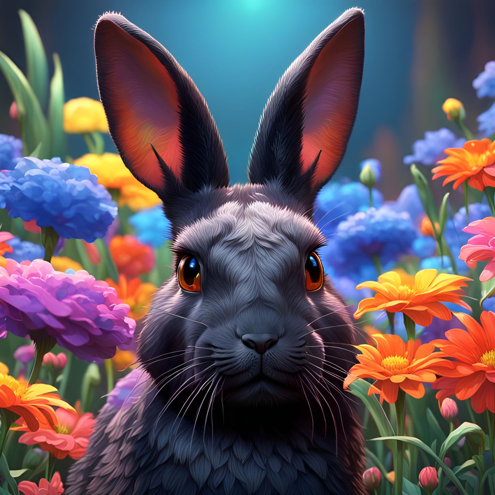 Black Rabbit Portrait in Colorful Flower Patch