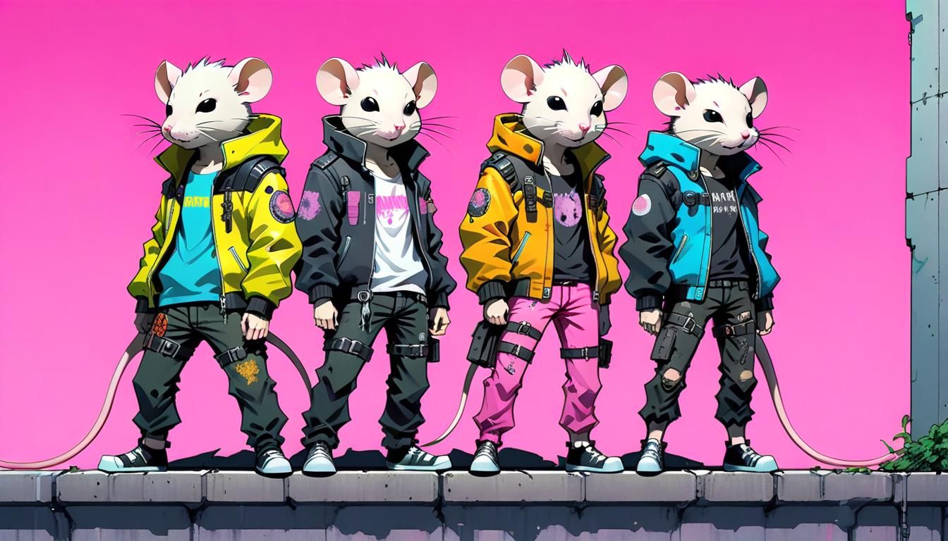 Cyberpunk Rat Punks on Wall in Anime Style