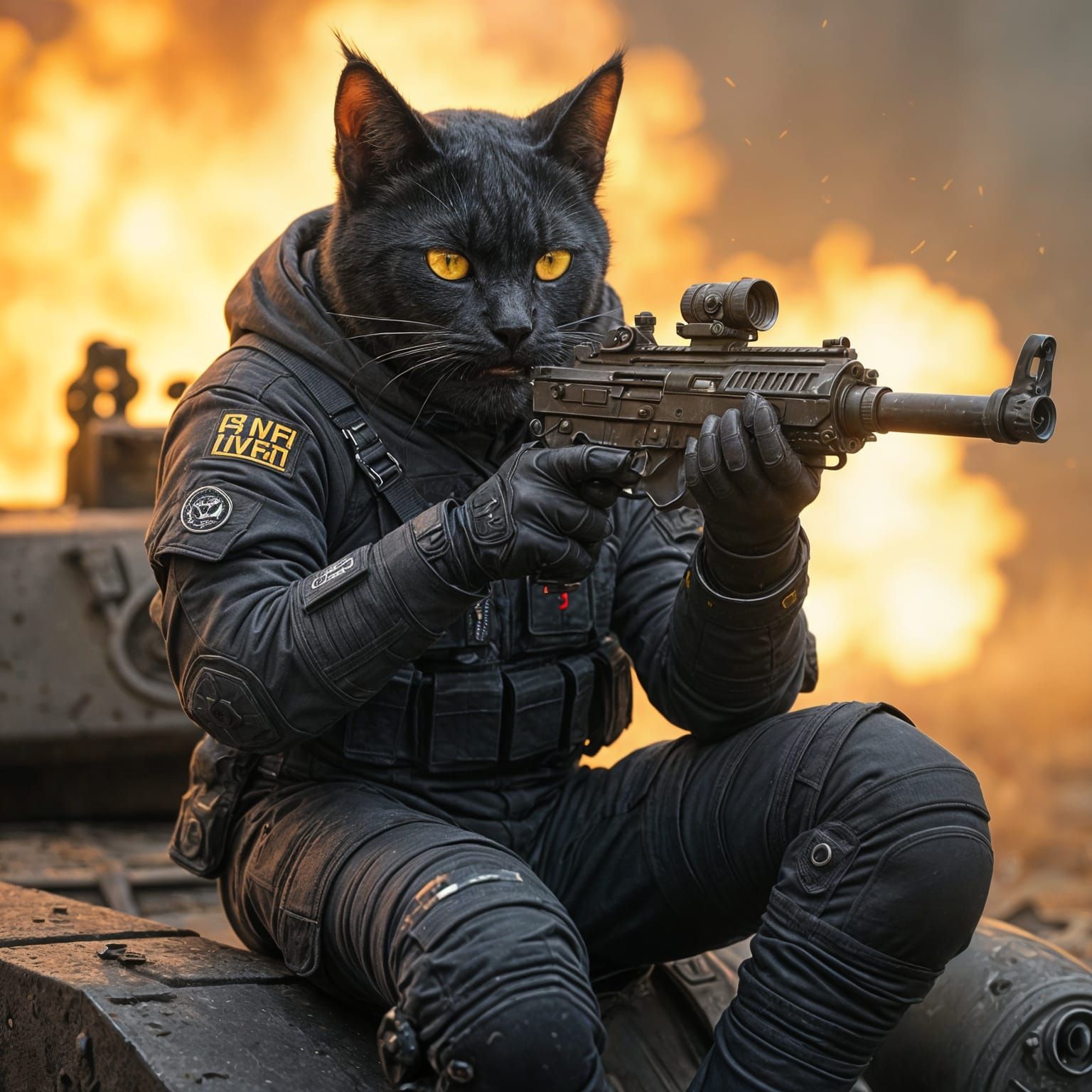 Cyborg Cat Sharpshooter Amidst Bomb Explosion