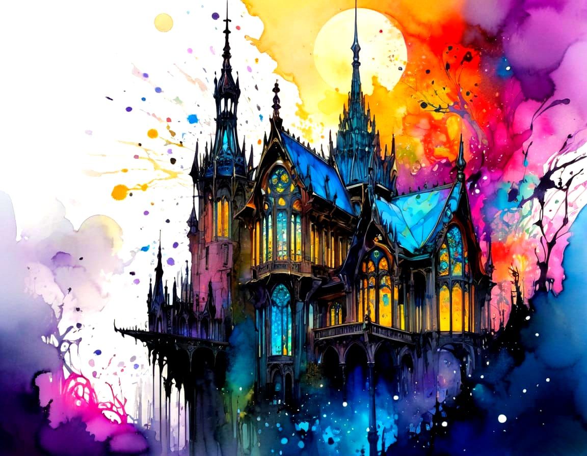 Gothic Spires and Gaudi House in Liquid Ink Watercolour