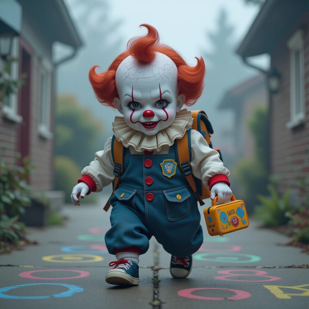 Grotesque Clown Baby with Eerie Smile in Dreamy Scene