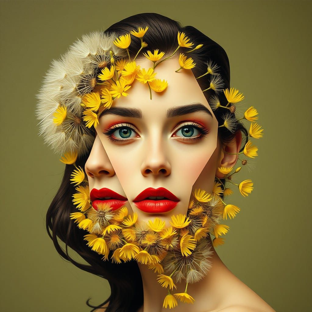 Whimsical Woman with Dandelion Beard in Cubist Art Deco Styl...