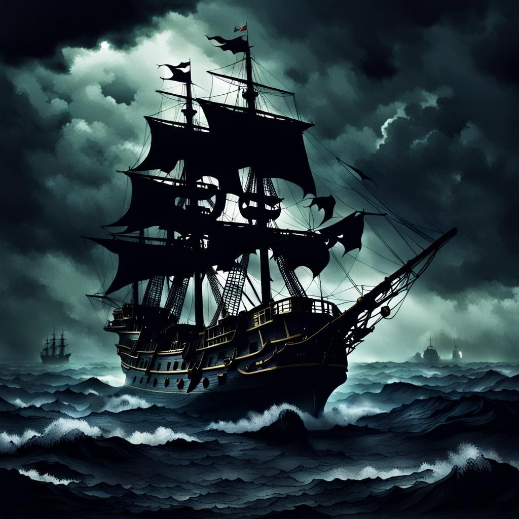 Mysterious Pirates Sailing Under Dark Clouds