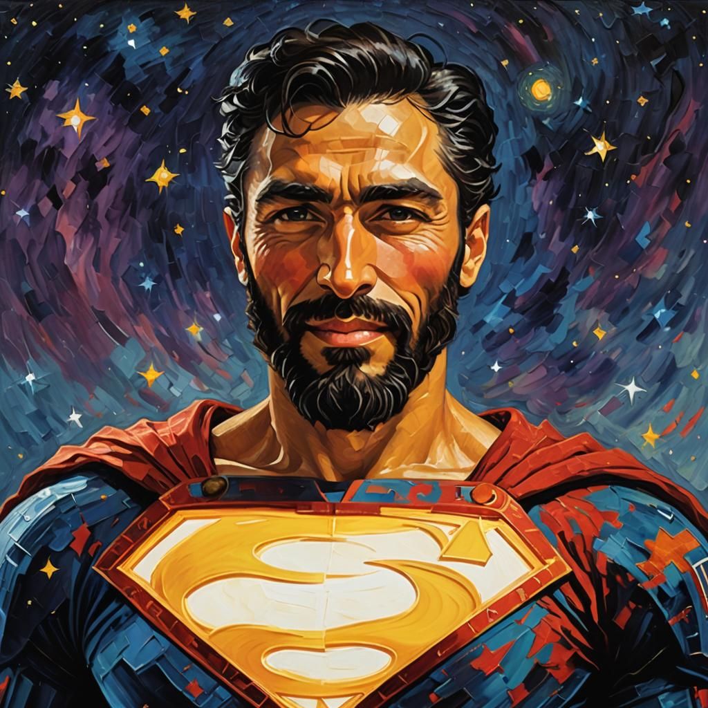 Arab Superhero in Starry Cosmos as Impasto Painting