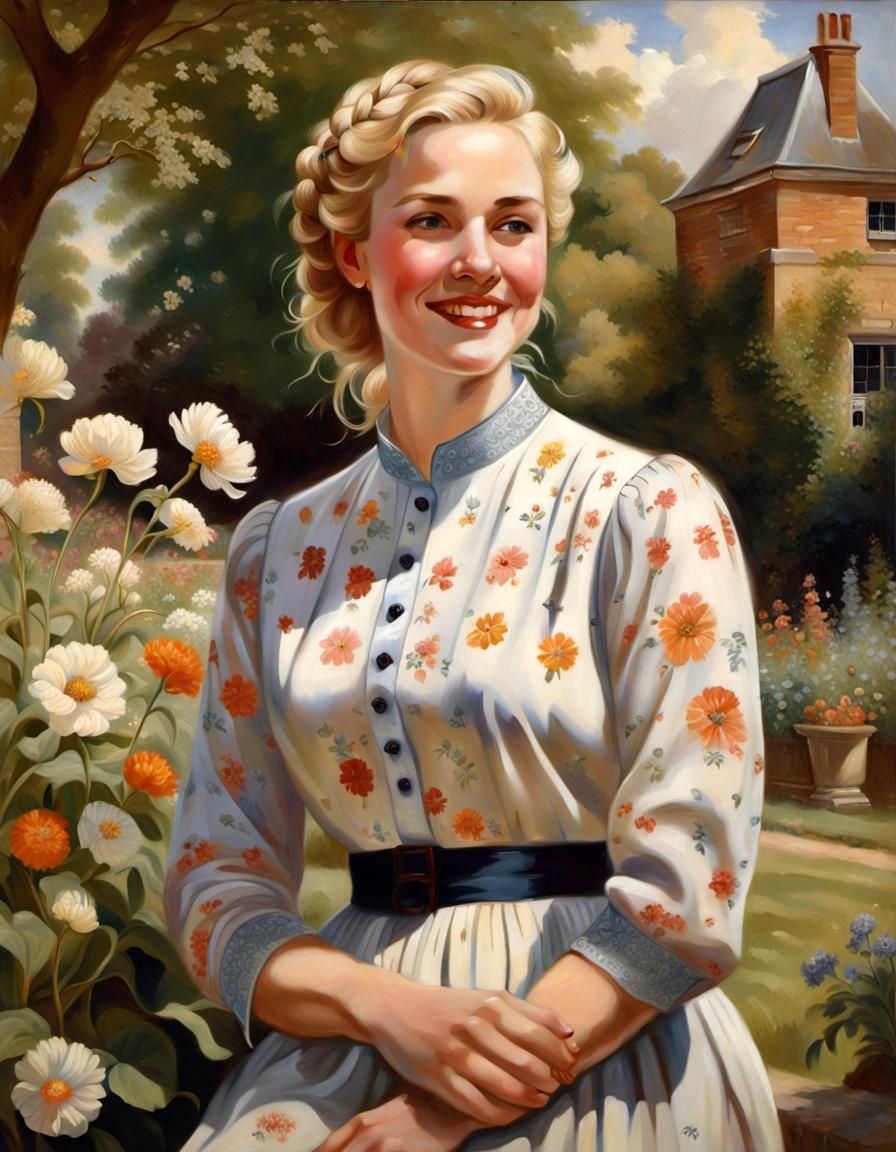 Elegant Woman in Garden: Oil Painting Portrait