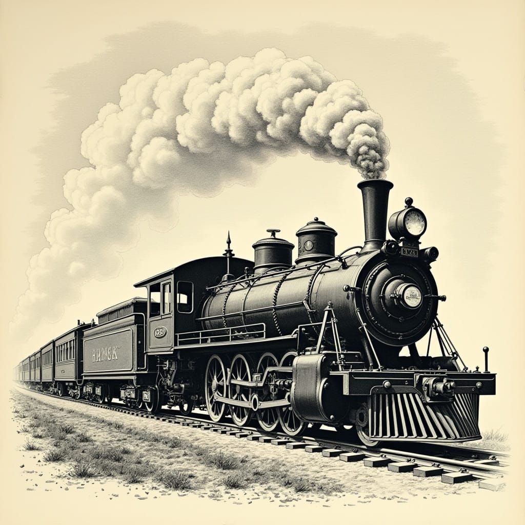 Vintage Steam Train in Classic American Lithography Style