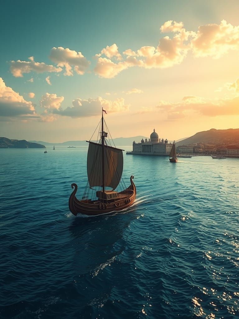 Ancient Greek Warship at Dawn on Mediterranean Sea