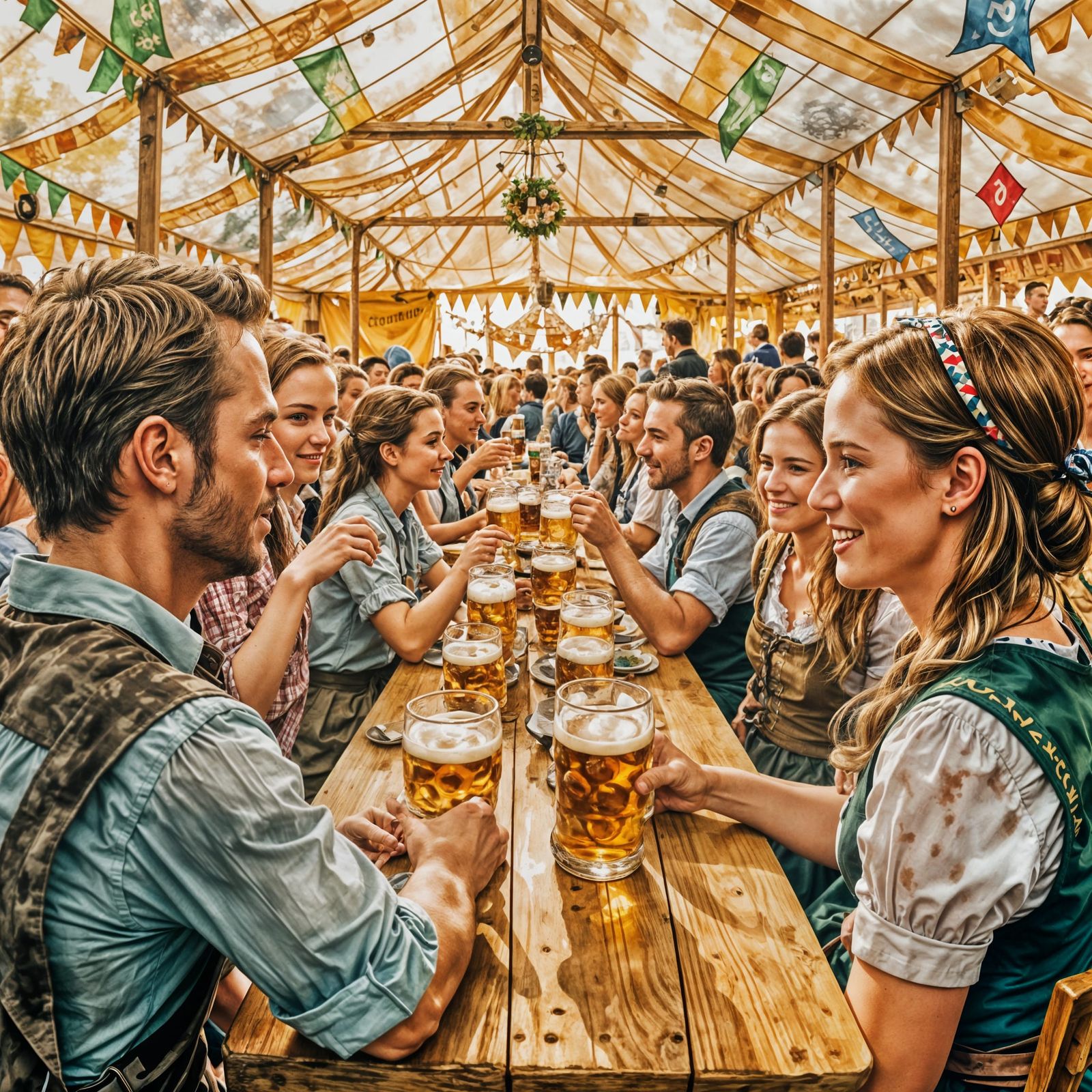 Oktoberfest Couple in Watercolor Biergarten Scene