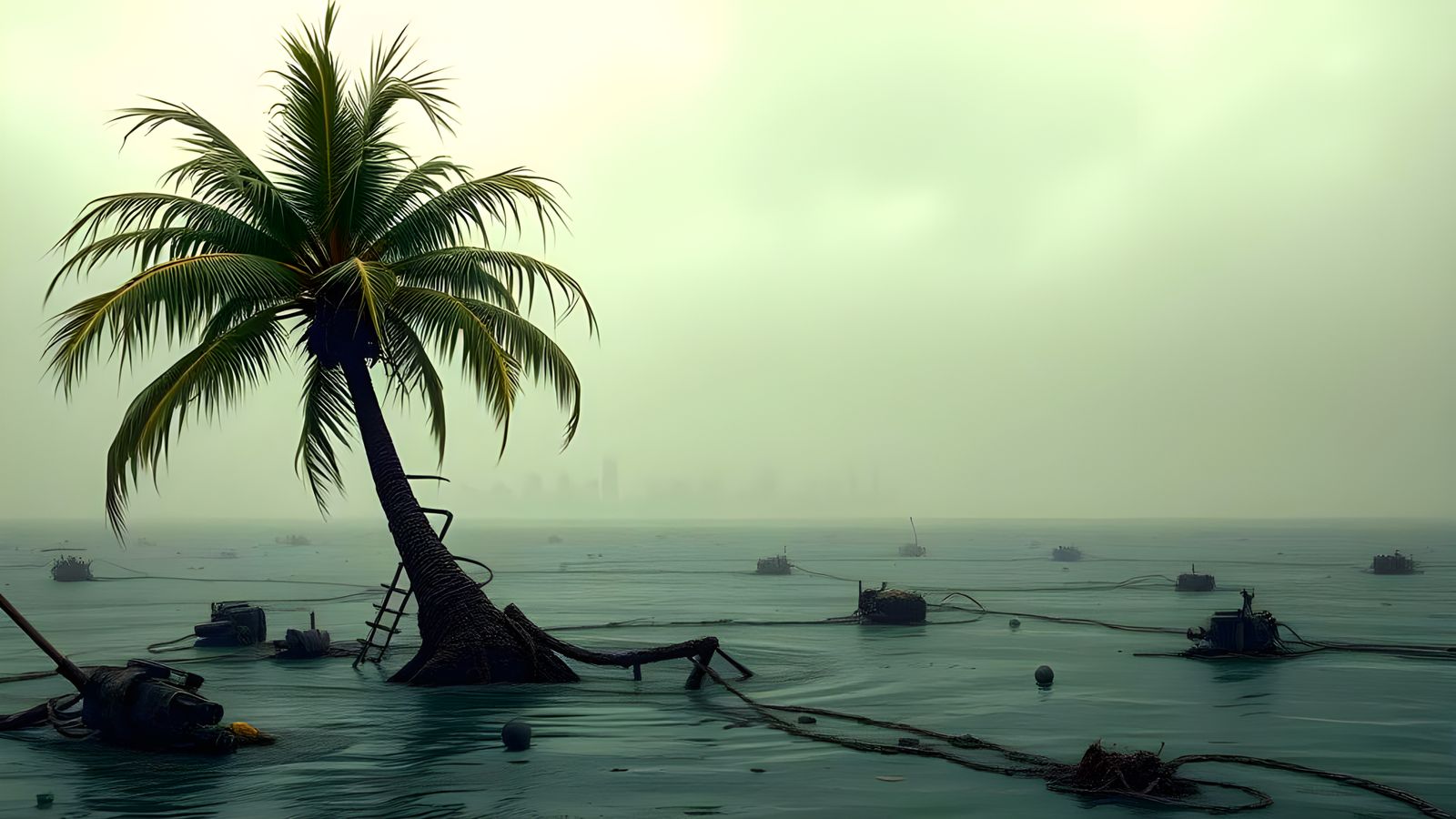 Surreal Palm Tree Submerged in Futuristic Ocean Depths