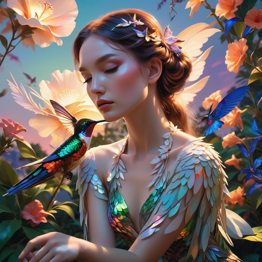 Woman and Hummingbird in Twilight, Photorealistic Art