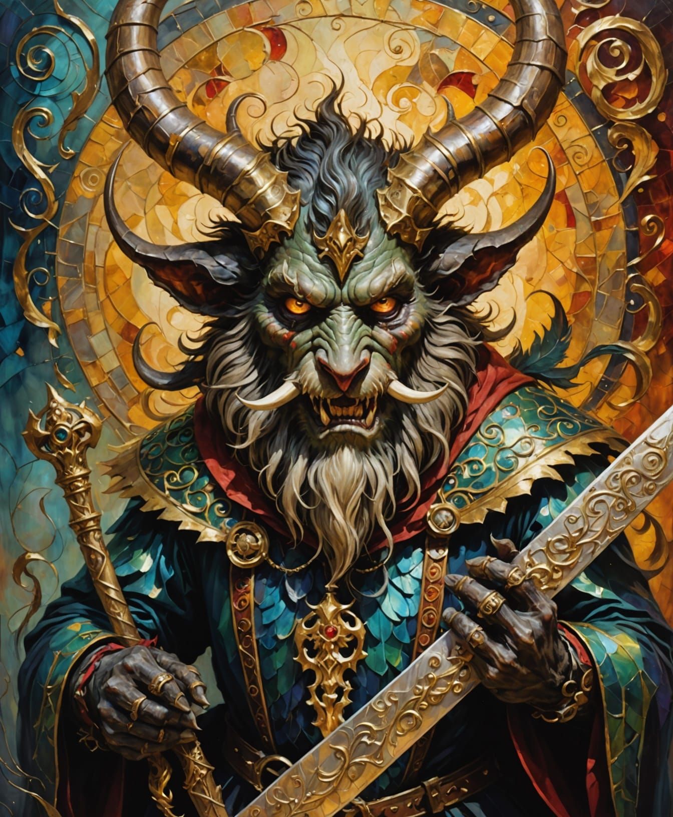 Krampus with Eyepatch and Sword in Surreal Painting Style