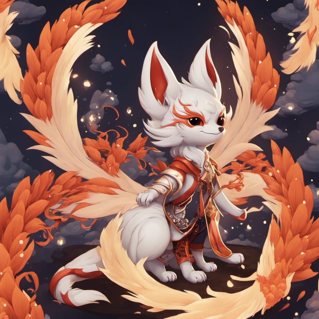 Chibi Kitsune with Nine Tails: Detailed Fantasy Art