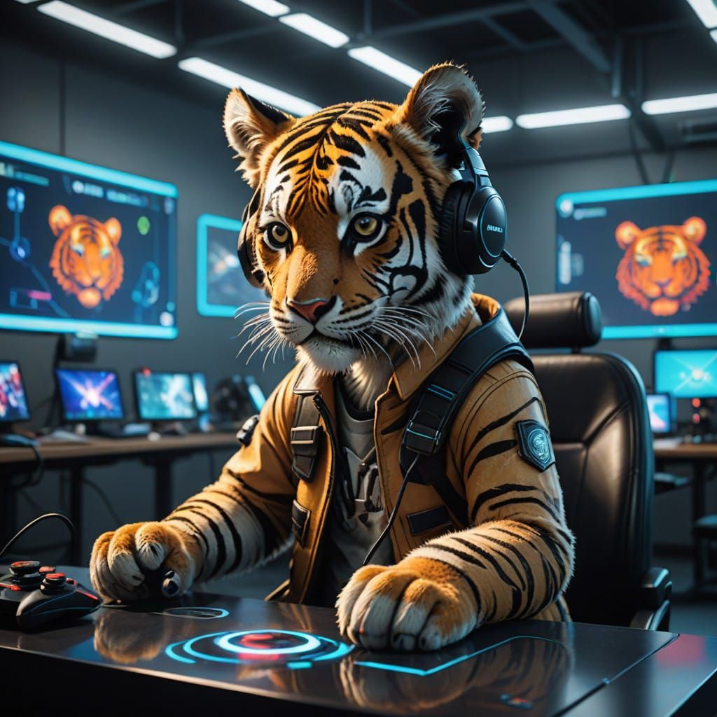 Futuristic Tiger Cub Gamer in High-Tech Classroom