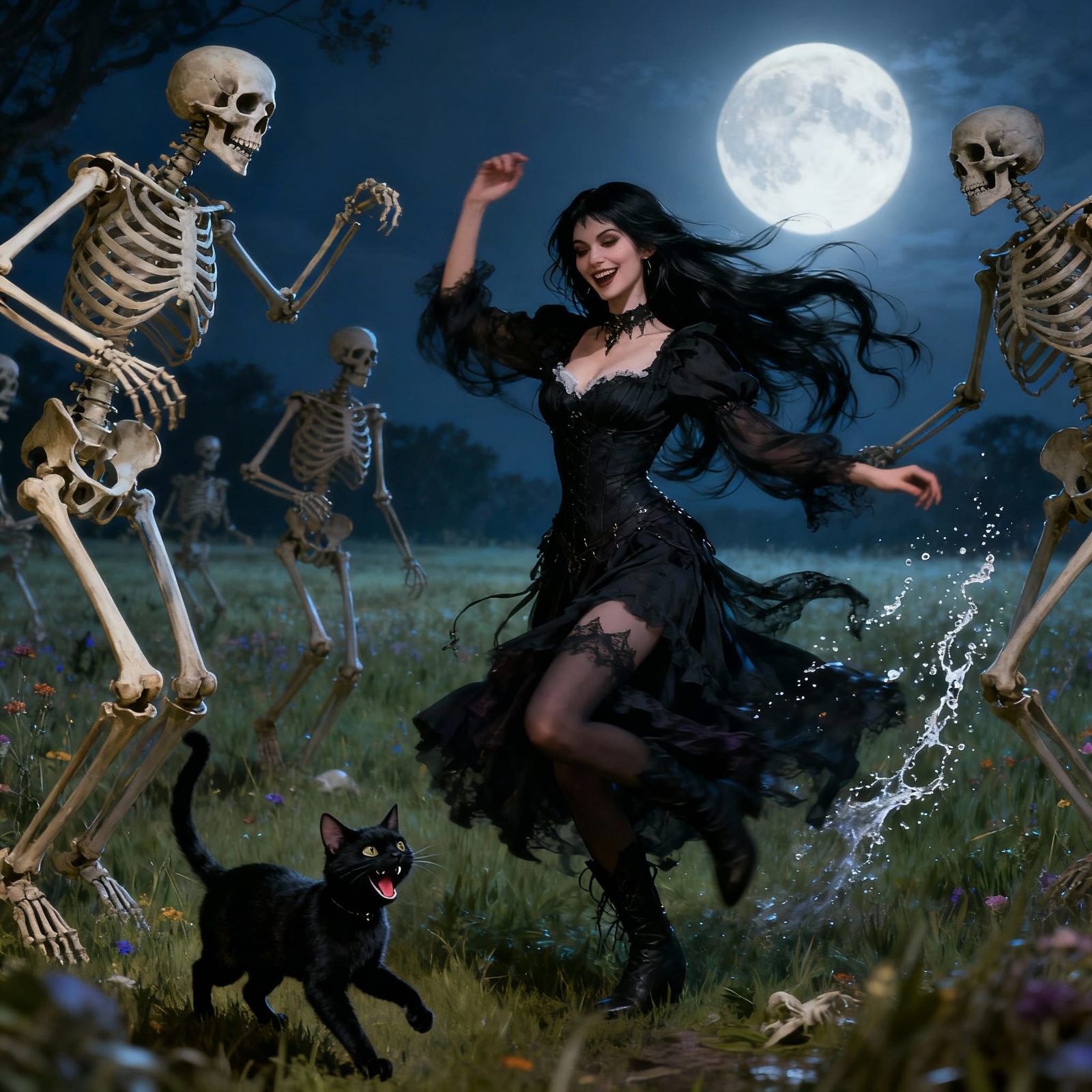 Woman Dancing With Skeletons Under Moonlight in Fantastical ...