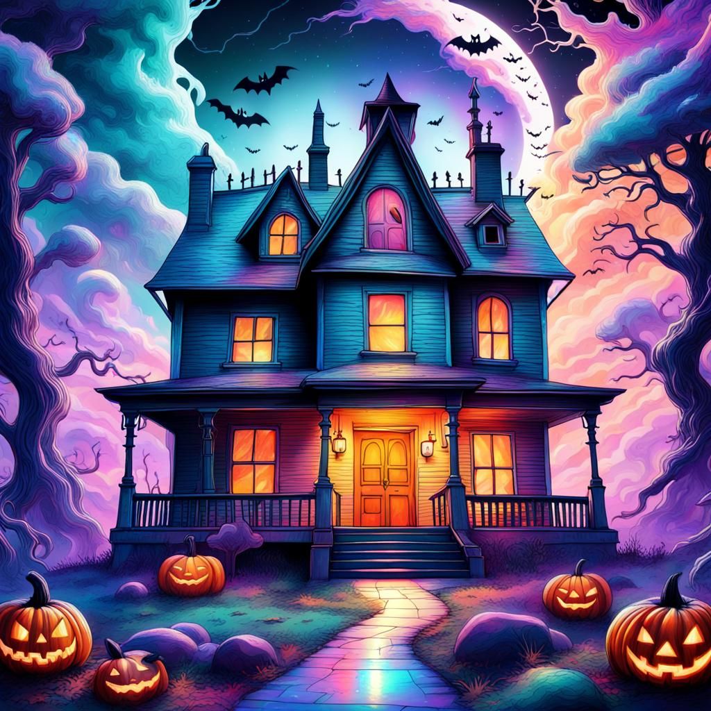 Holographic Halloween House: Cosmic Mixed Media Art