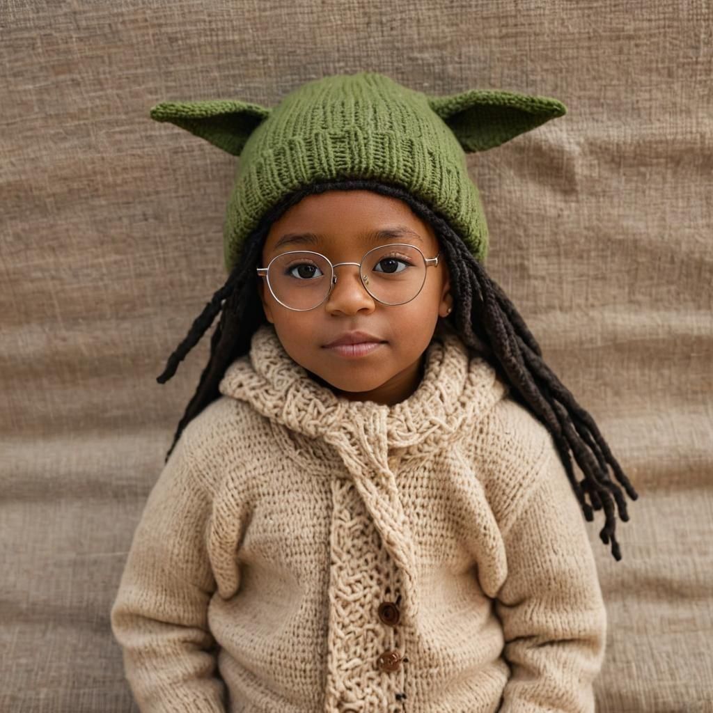 Young Woman in Knitted Baby Yoda Beanie