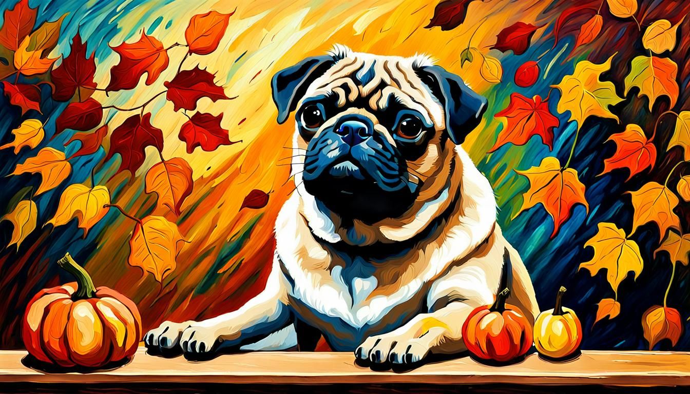 Pug Gazing at Autumn Painting in Van Gogh Style