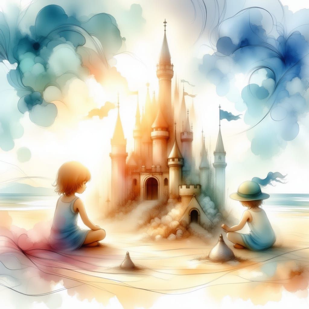Children Building Magical Fantasy Castle on Beach