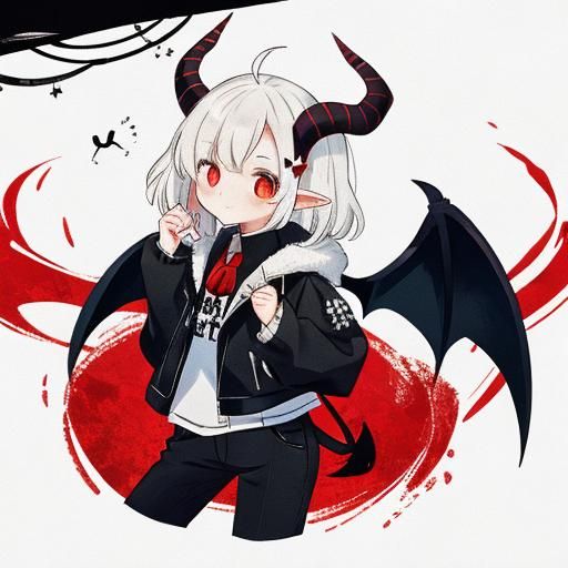 Fantasy Girl with Horns, Tail and Bone Wings