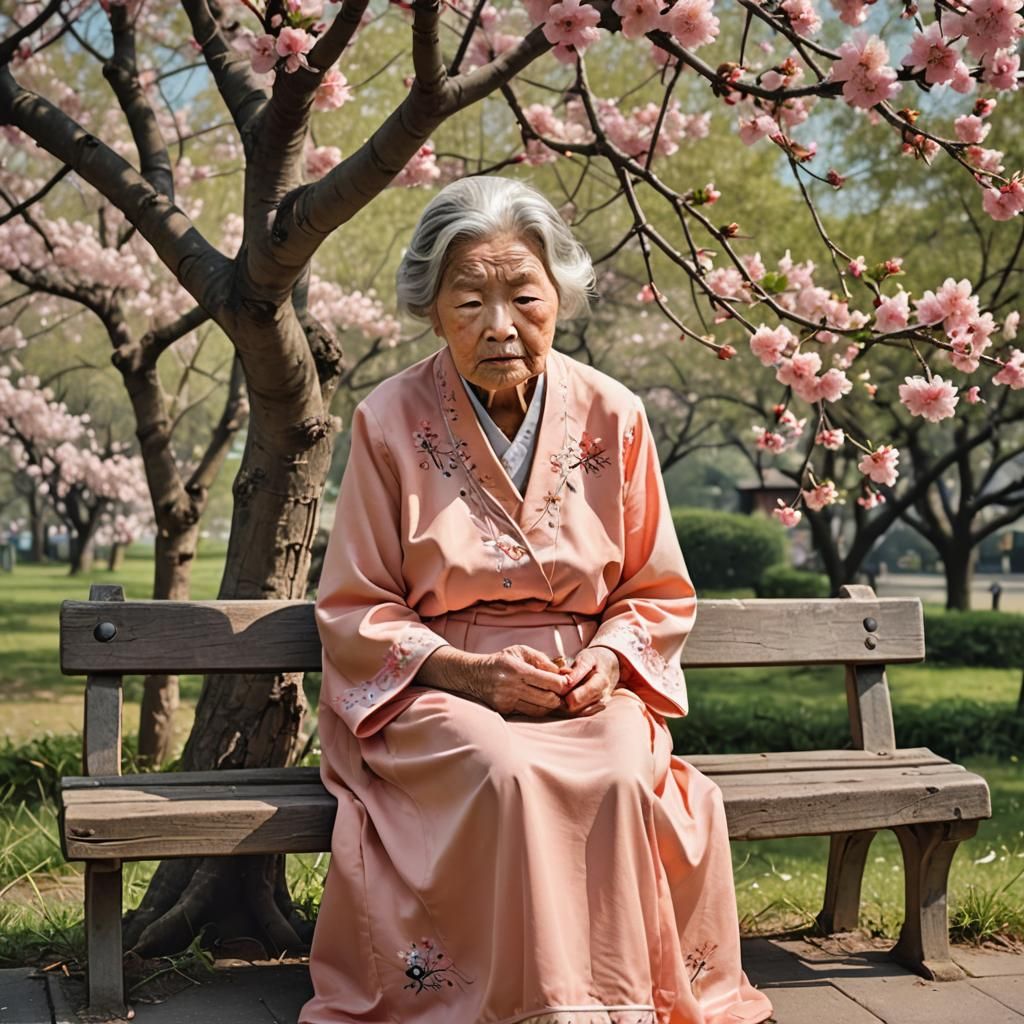 Old Lady with Peach Blossom Hat Sees Spider
