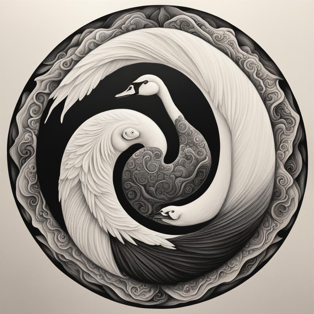 Yin Yang Symbol with Swans in Charcoal