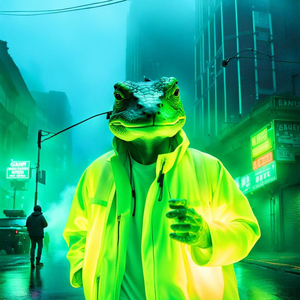 Giant Lizards in a Neon Cyberpunk Cityscape
