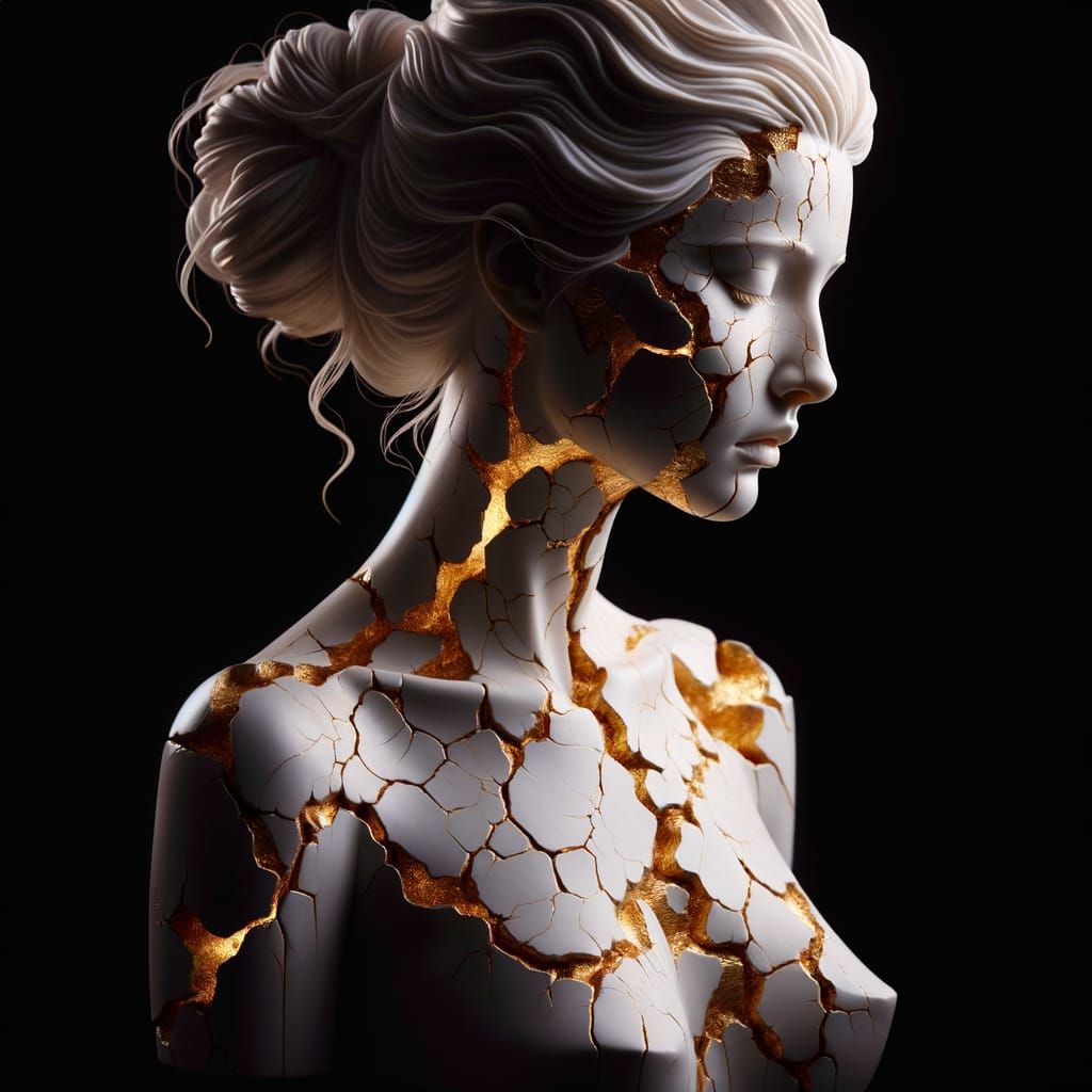 Elegant Woman Made of Porcelain with Golden Cracks