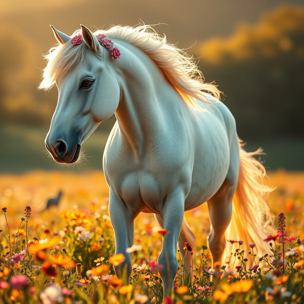 White Horse with Floral Mane in Wildflower Field