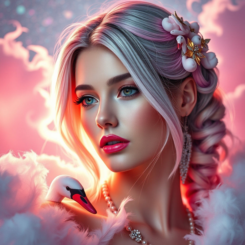 Swan Adorned Woman Portrait in Art Nouveau Style