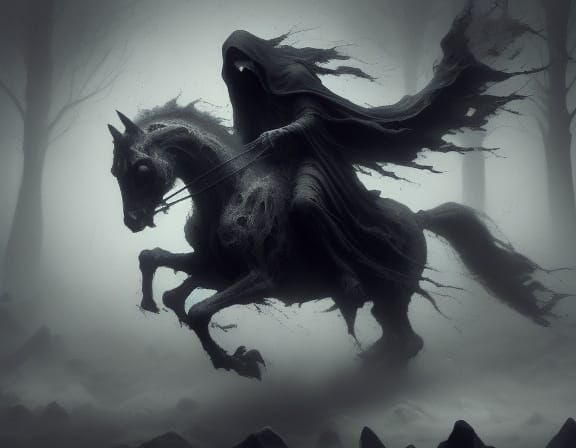 Grim Reaper Charges on Distorted Horse in Macabre Storm