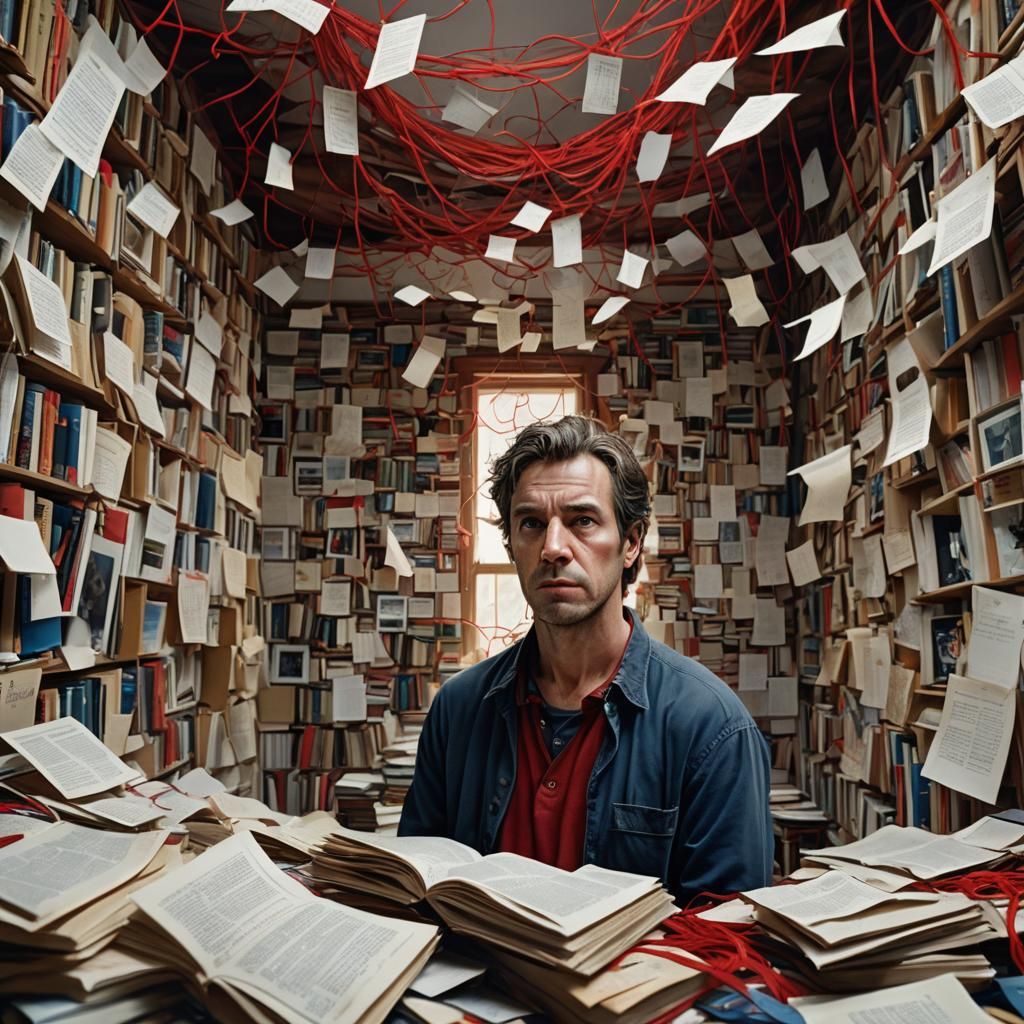 Intricate Web of Red String in Chaotic Bedroom