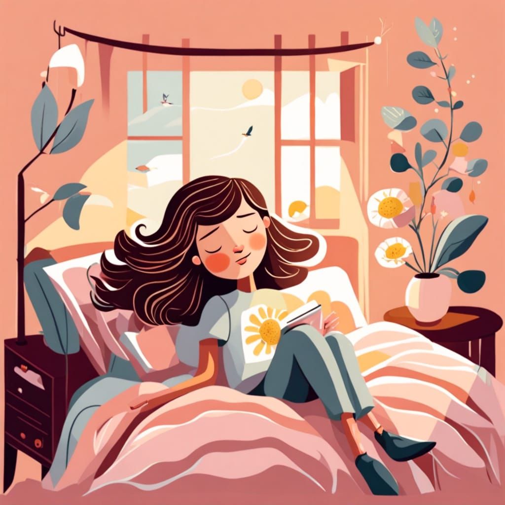 Sleepy Woman with Bedhead in Children's Book Style