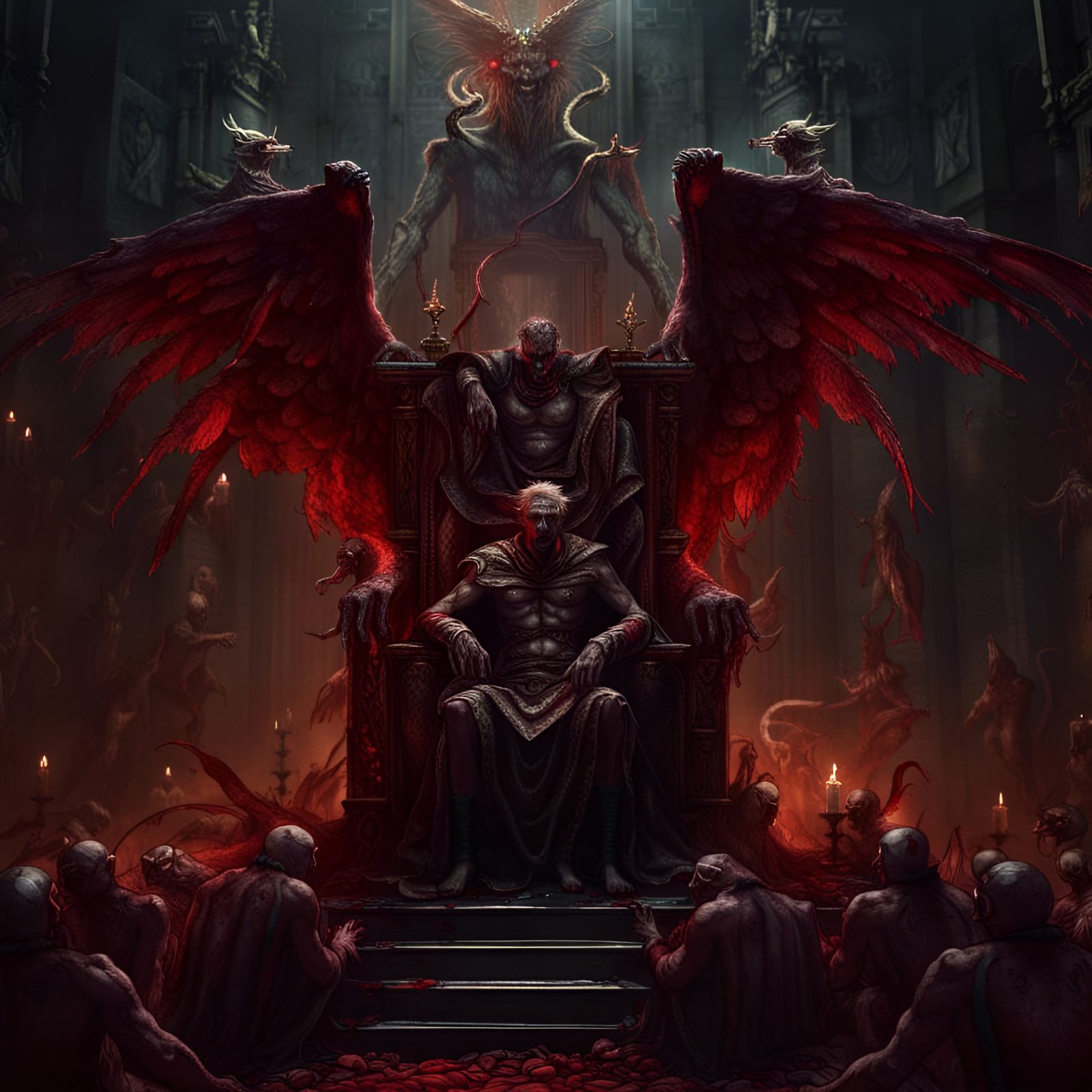 Winged Demon on Hell Throne with Zombie Priests