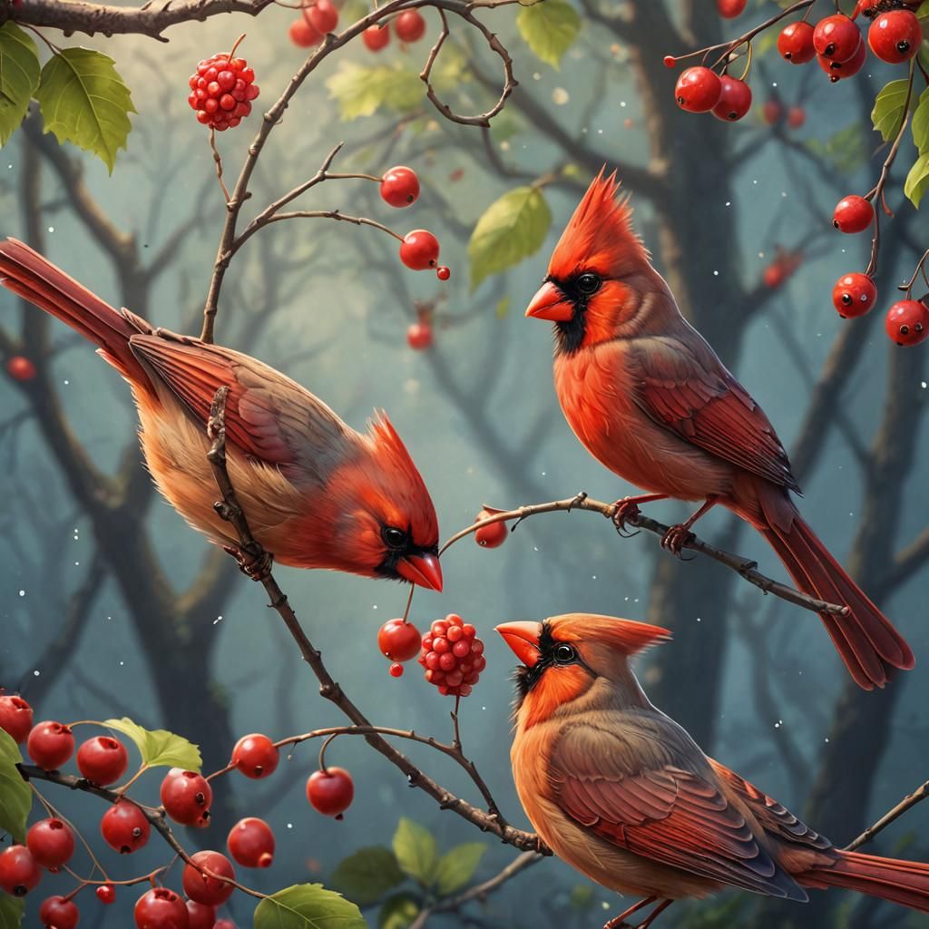 Cartoon Cardinals Sharing Berry, Detailed Matte Painting